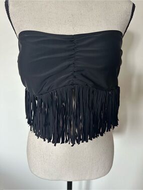Black Fringe Bandeau Bikini Top Boho Festival Swim Separates Western Goth Beach